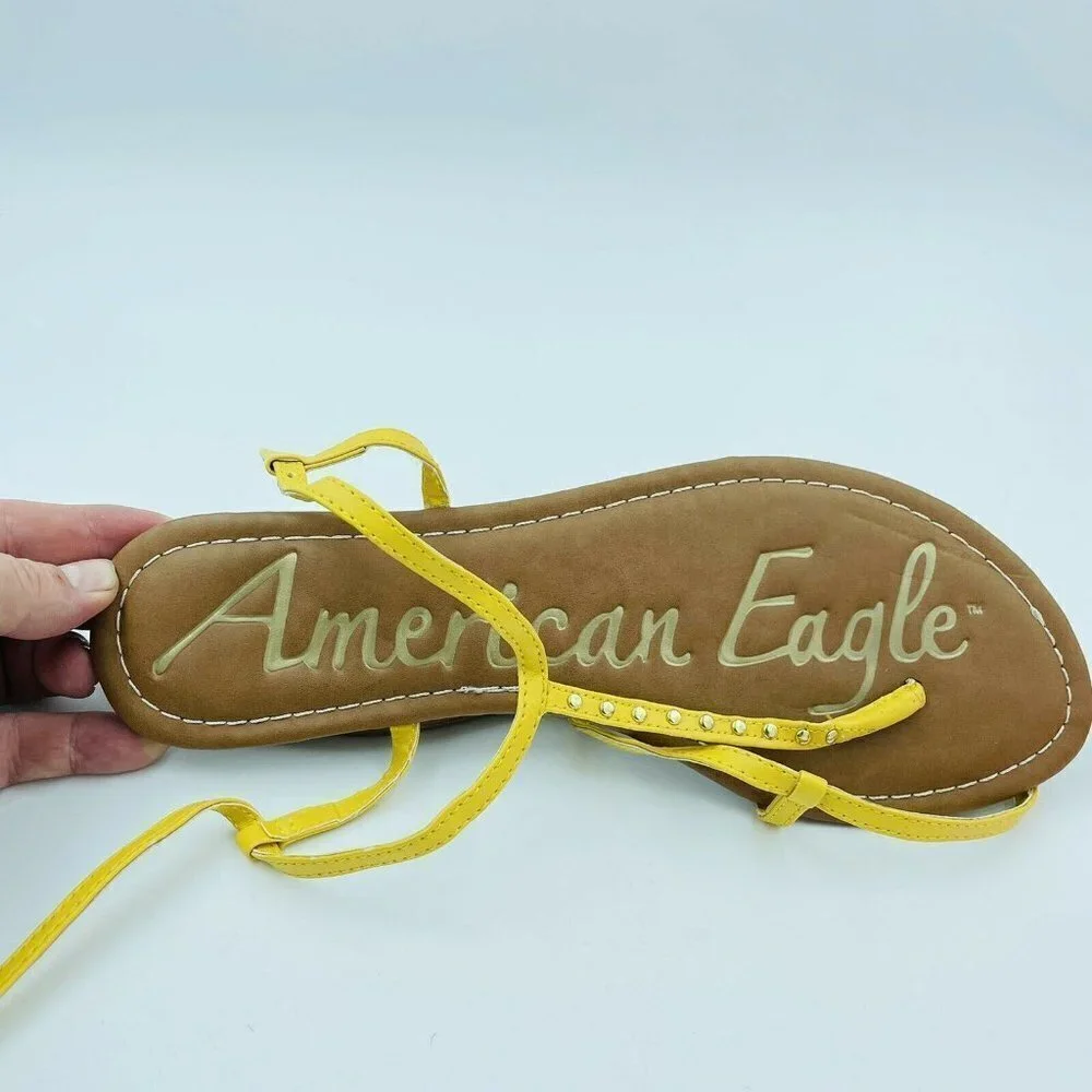 American Eagle Yellow Faux Leather Studded Ankle Strap Thong Sandals Size 9